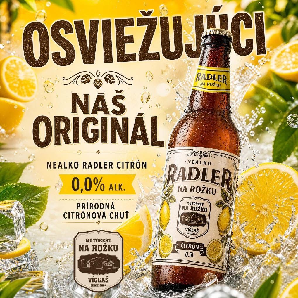 Vlastný radler Na Rožku — nealko citrónová limonáda 0,0 % alk., domáci produkt reštaurácie vo Vígľaši